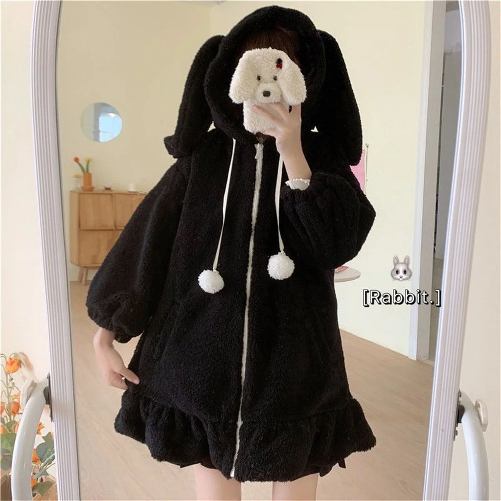 Winter Hoodies Warm Kawaii Rabbit Ears Women Sweatshirt Girl Lolita Hooded Zip-up Casual Sweatshirts Harajuku Hoodie Long Sleeve