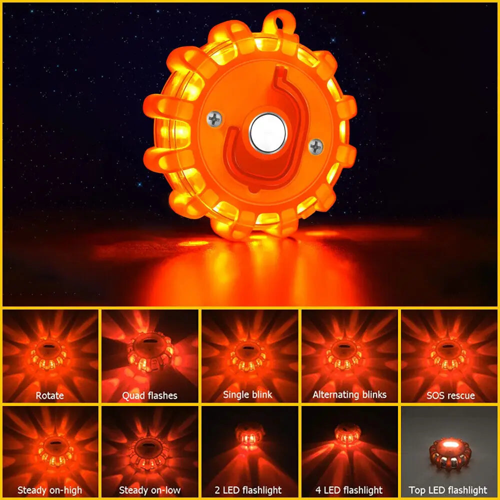 Bright orange led road flare emergency safety beacon strobe light with a rugged segmented design and multiple led lights for various flashing patterns.