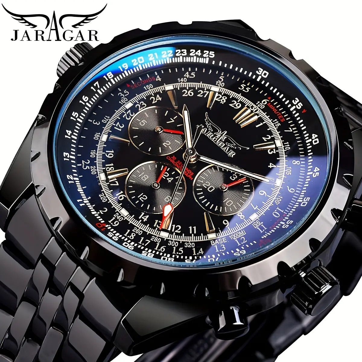 Mechanical stainless steel men’s chronograph watch featuring a black Jaragar case with a blue-tinted dial, multiple subdials, and red accents on the hands.