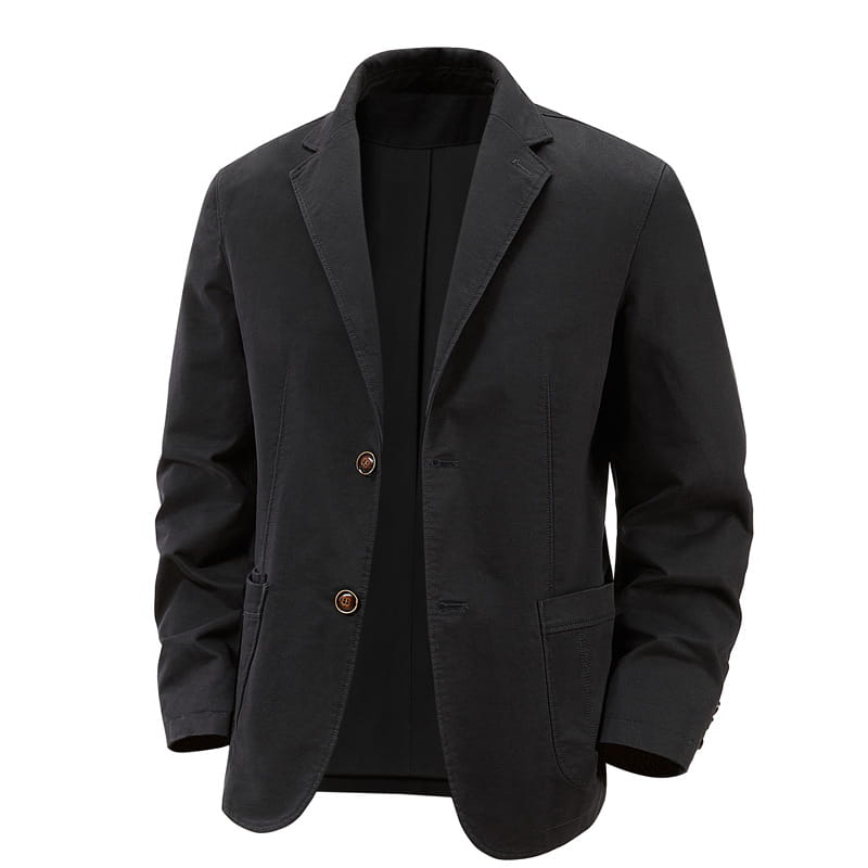 Men brown cotton casual blazer slim fit suit jacket in black with subtle texture and matching buttons.