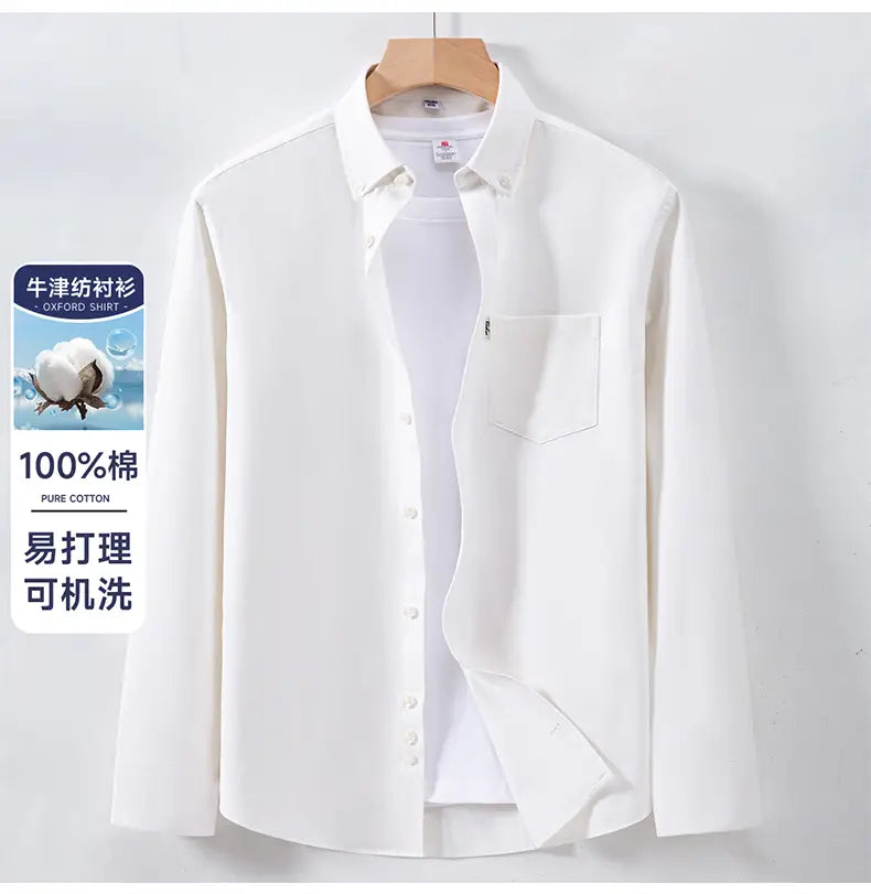 A crisp white men cotton oxford long sleeve casual shirt made of 100 percent pure cotton featuring a classic button-down front and a single chest pocket.