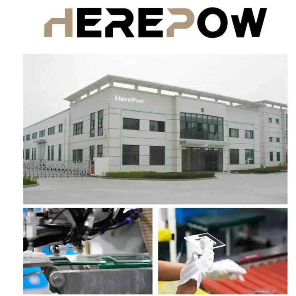 White industrial building with herepow signage and factory production imagery showcasing the embedded wireless desktop charger 15w.