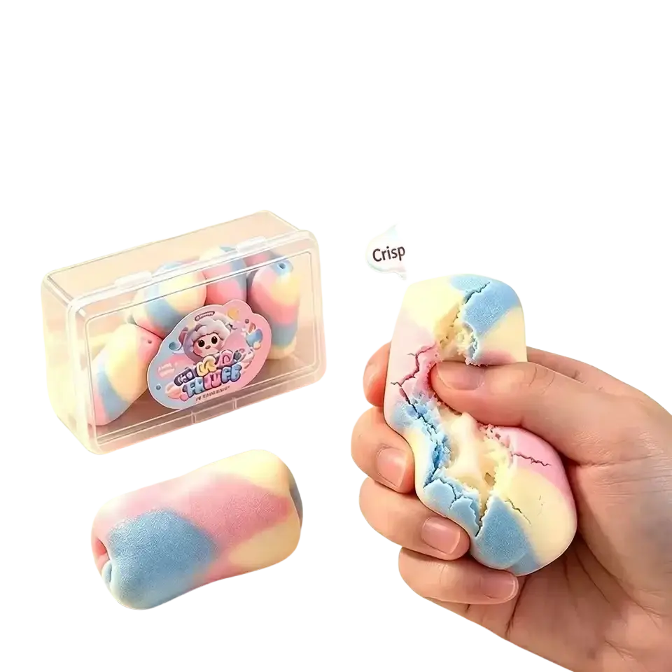 Pastel rainbow-colored squishy stress relief fidget toy with bpa-free plastic crispy shell and soft core