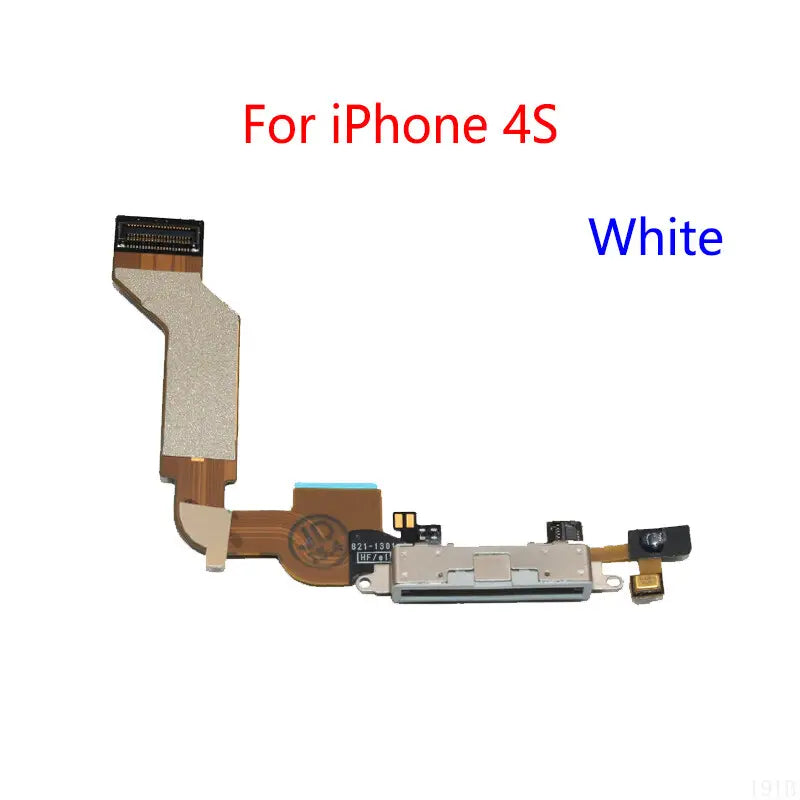 Weißes flexibles USB-Lade-Dock-Flexkabel für iPhone 4s mit gekrümmtem Flachbandkabel und Metallsteckverbindern, ausgelegt für die Verwendung im Lade-Dock.