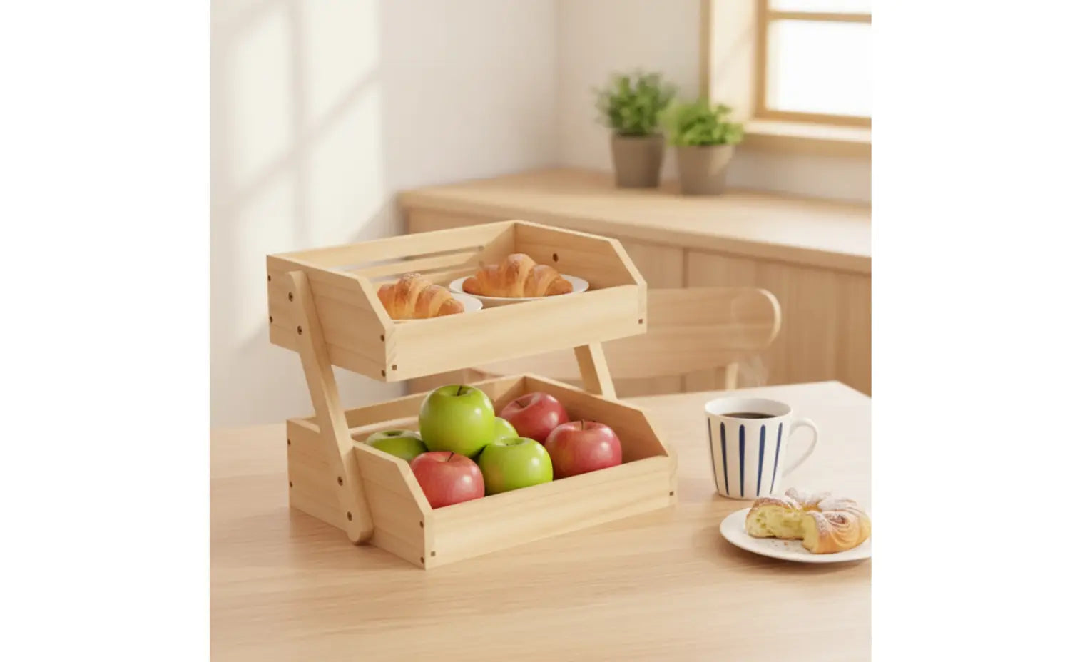 Organisateur de plan de travail en bois clair à deux niveaux et support de rangement idéal pour la présentation des fruits et des pâtisseries.