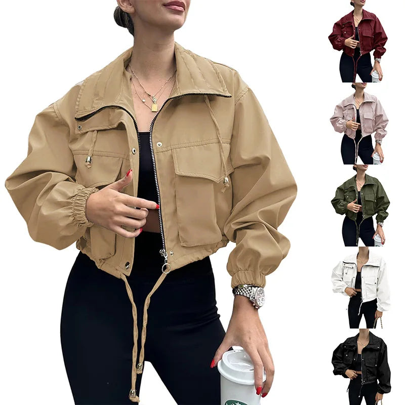 Women's Solid Color Short Jacket Zipper Trench Coat New 2025 Fashion Elegant Outerwear for Ladies