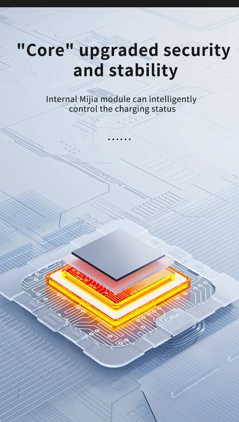A sleek multi-layered electronic chip with a metallic silver top layer and glowing orange circuitry beneath integrated into a tablet wall mount magnetic bracket for ipad charger.