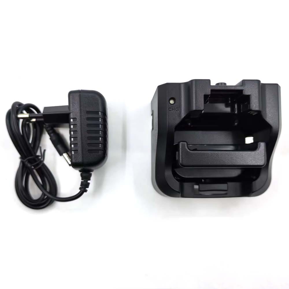 black plastic vhf marine radio charger dock with integrated power adapter designed for recent rs-38m marine radio models