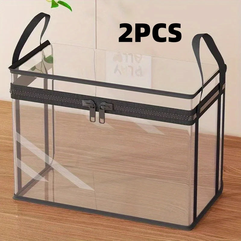 2-Pack Large Transparent Storage Boxes, Foldable and Space-Saving, with Flip Lids. Large Rectangular Organizer Boxes with Front Lids and Covers, Space-Saving Design, Suitable for Books, Clothes, Office, Home, Travel. Durable
