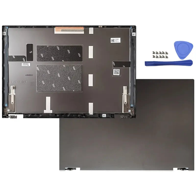 Schwarze Rückseitenabdeckung des ASUS-TUF-Gaming-A16-Ersatz-Laptopgehäuses mit silbernen Schrauben und blauem Kunststoffwerkzeug für die Wartung von Gaming A16/F16