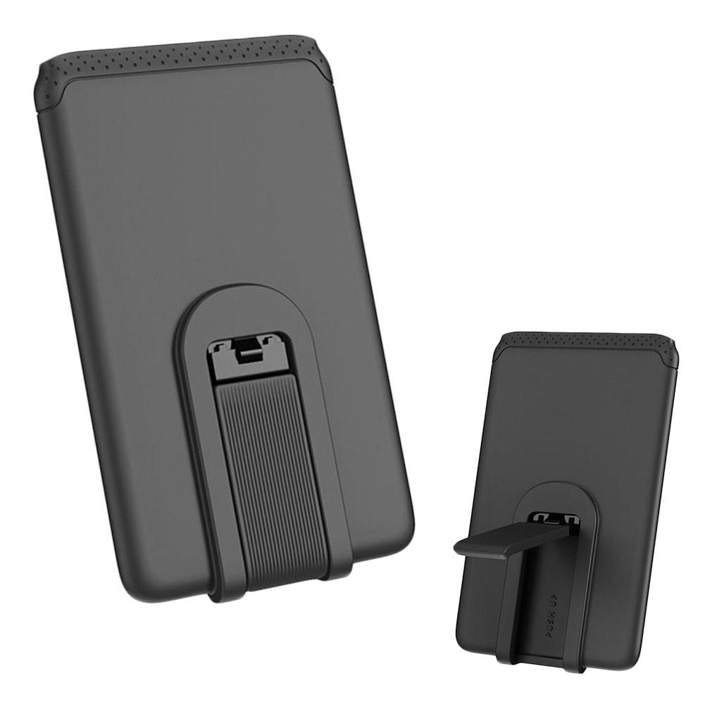 Black plastic phone card holder with textured grip and adjustable clamp designed as a mobile phone silicone stick-on wallet.