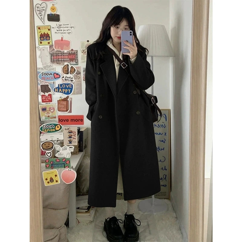 Women Elegant Midi Wool Blends Coat Korean Thicken Long Bandage Jackets Oversized Lace Up Outwear White Cardigan Woolen Overcoat