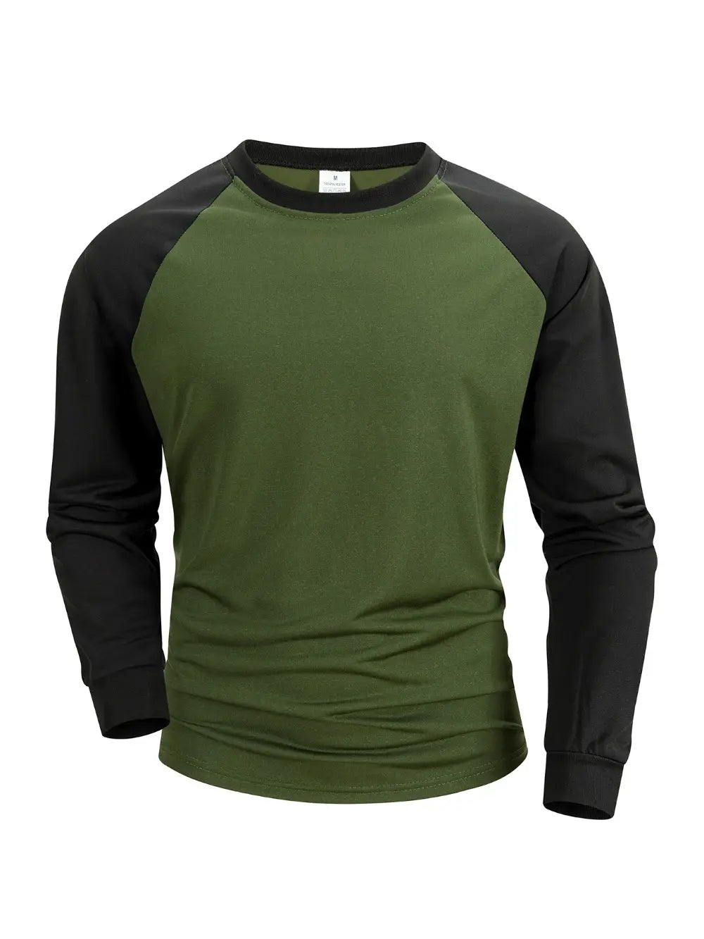 Herren-Raglanshirt mit langem Ärmel, mit olivgrünen und schwarzen Farben, mit Rundhalsdesign.