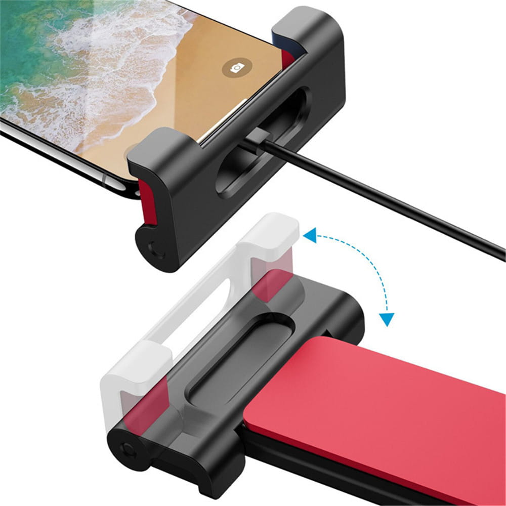 Soporte para tableta para reposacabezas de automóvil negro y rojo con mecanismo de sujeción ajustable para una sujeción segura de dispositivos de 4,7 a 13 pulgadas.