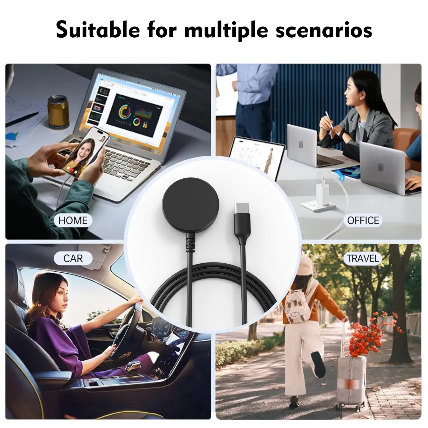 black circular magnetic wireless charging pad with coiled black usb-c cable for galaxy watch usb a and c charging