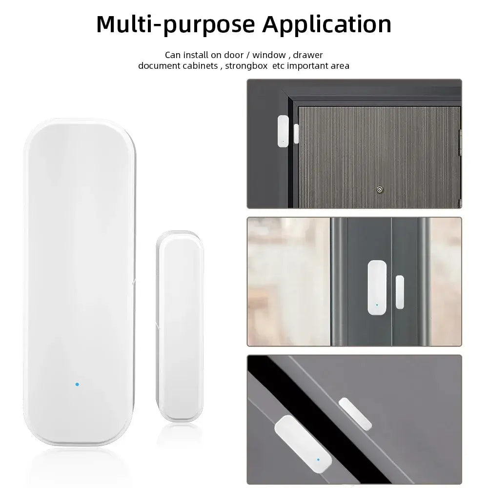 Capteur de fenêtre de porte intelligent rectangulaire blanc avec un discret voyant lumineux bleu compatible avec Google Assistant pour la gestion de scènes intelligentes.