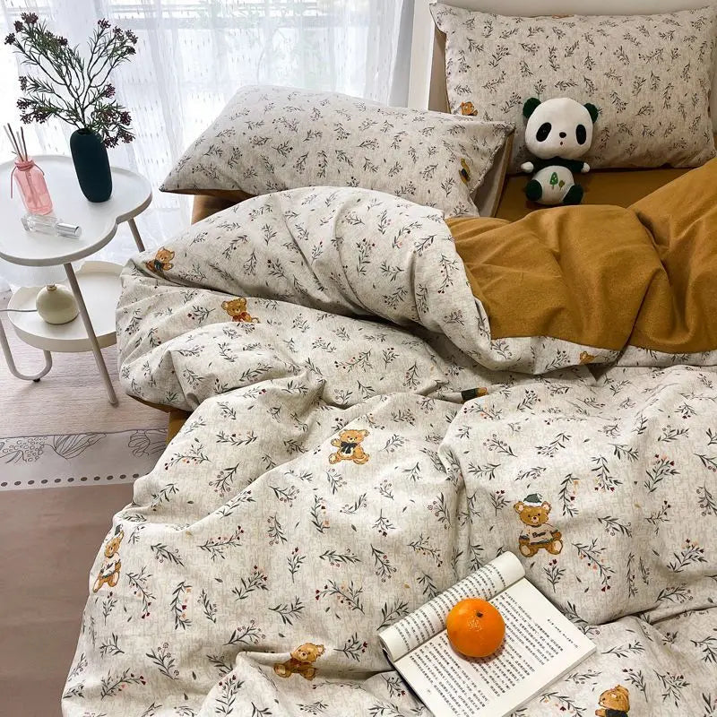 Ins Style Pink Flower Printed Bedding Set Soft Skin-friendly Duvet Cover Set Reactive Dyeing Bed Linens for Girls Bedroom