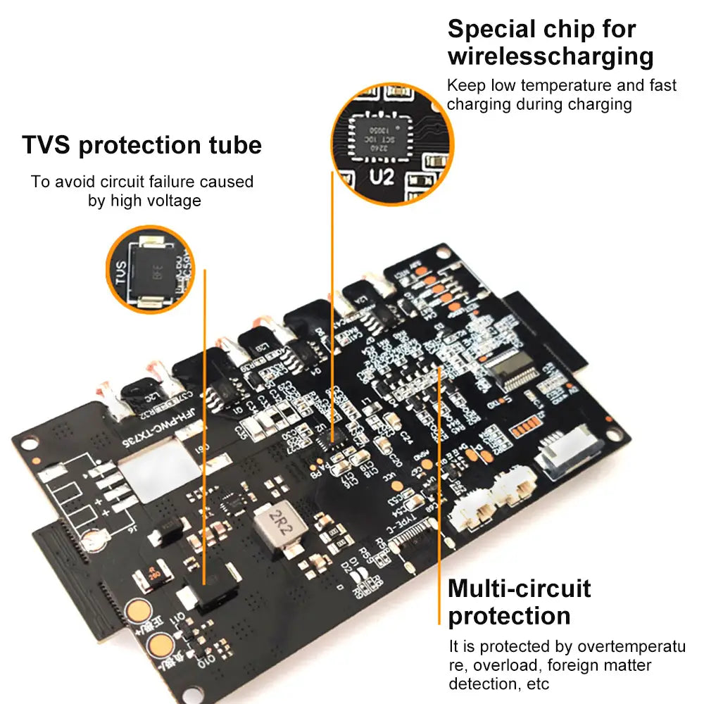 Placa de circuito del módulo transmisor de carga inalámbrica negro de 20 W con chip especial integrado y tubo de protección TVS para cargador inalámbrico de carga rápida.