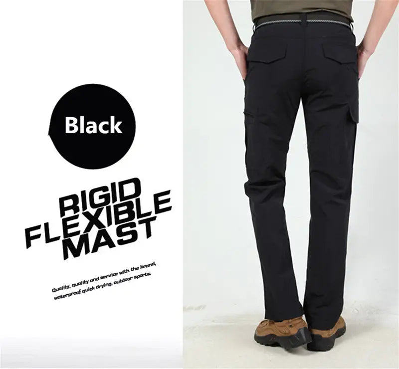 pantalons cargo tactiques légers pour homme en noir, avec plusieurs poches et une ceinture rigide et flexible
