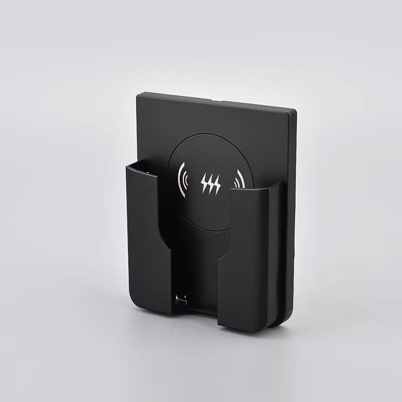 Black 15w in-wall wireless fast charger stand with circular induction symbol and integrated card slots.