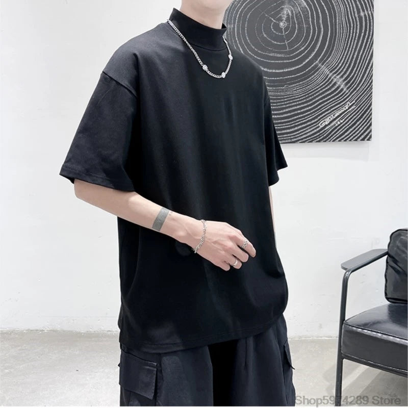 2024 Men Tshirt Solid Streetwear Turtleneck Hip Hop Male Oversized T Shirts Man Casual Short Sleeve Top Tees Black/White/Purple