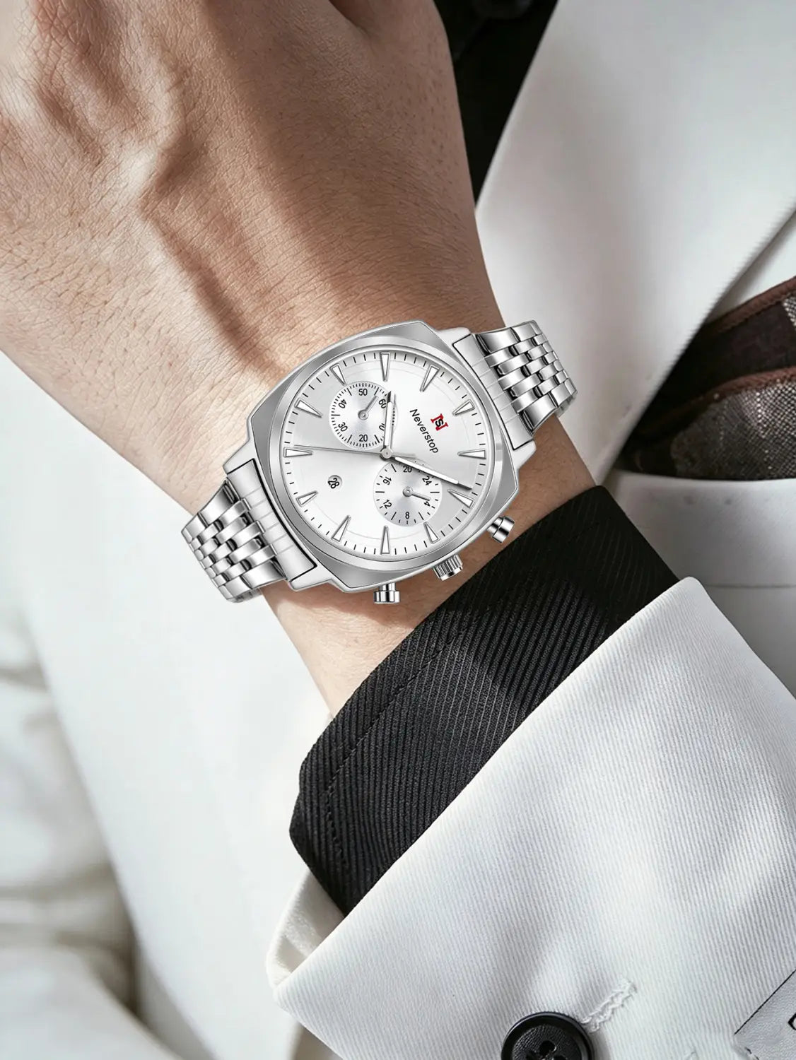 Men’s stainless steel chronograph watch featuring a silver-toned Naviforce design with a white dial, stainless steel bracelet, and three subdials.