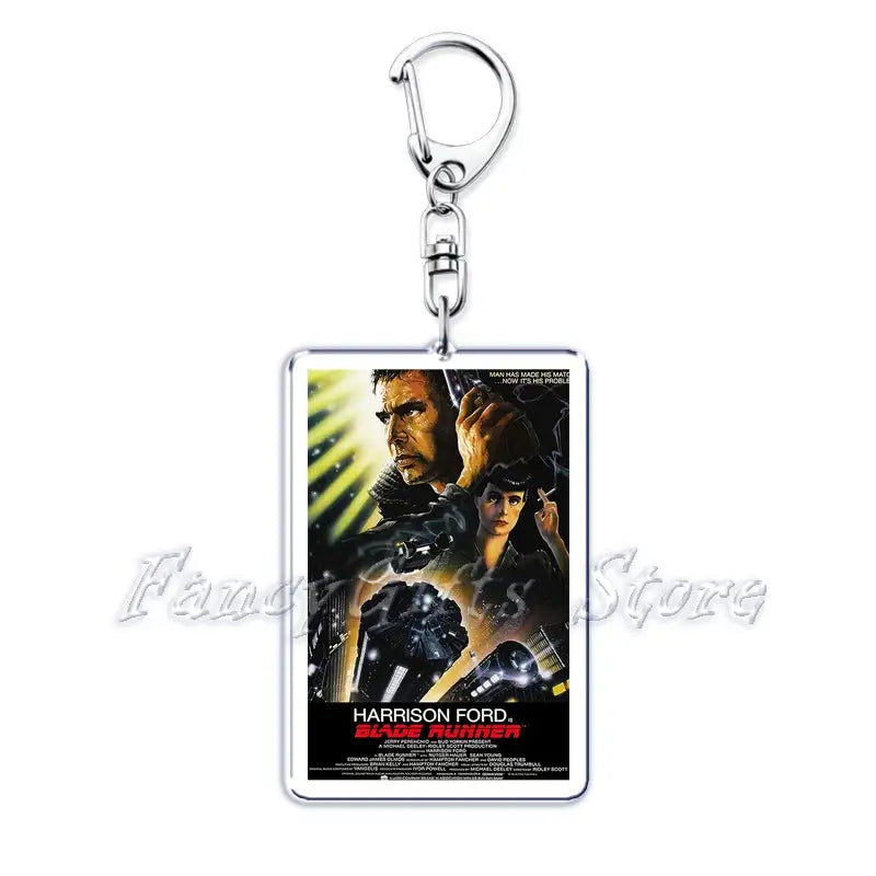 Silver rectangular acrylic keychain featuring a printed poster of the movie Blade Runner with Harrison Ford from the Movie Poster Acrylic Keychain Set.