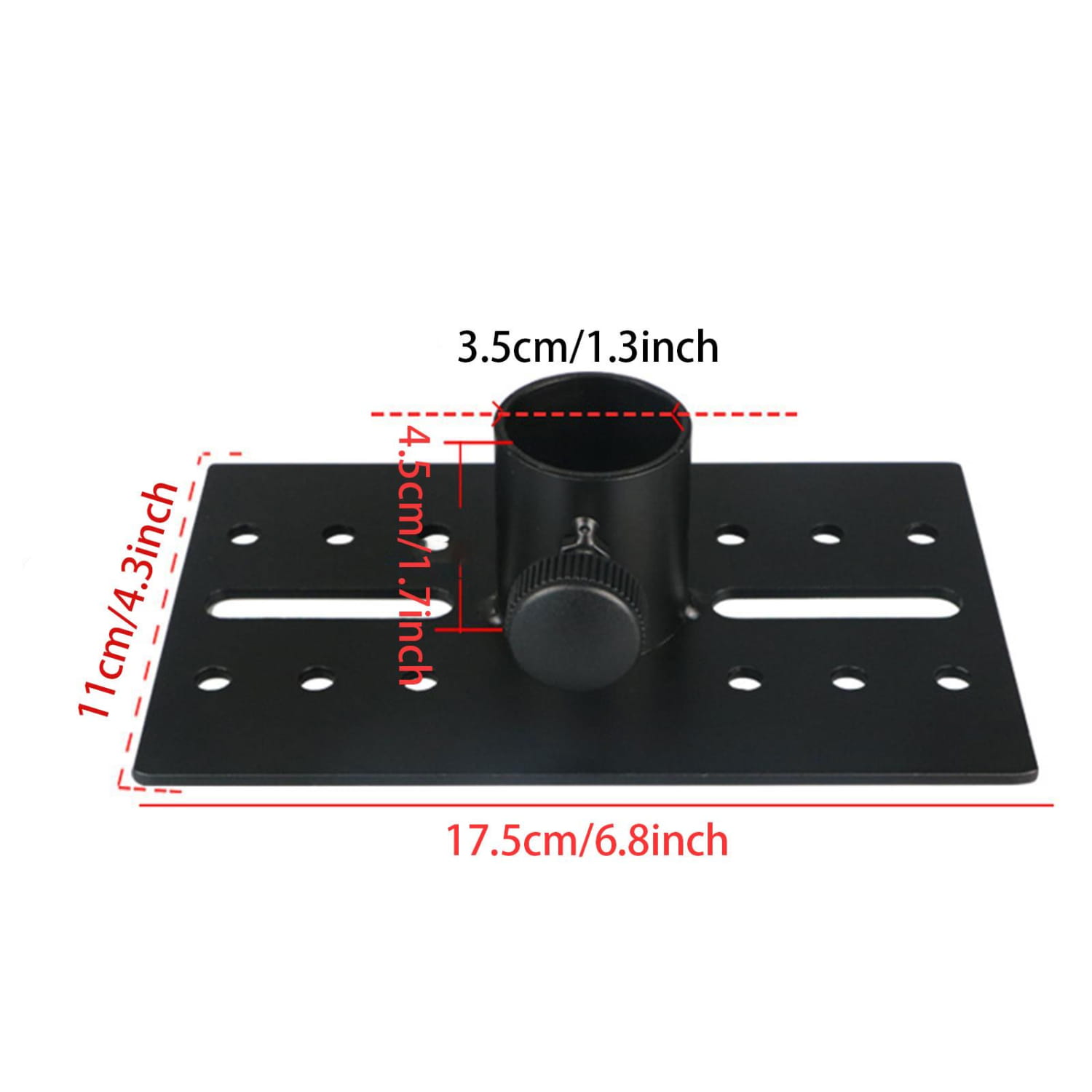 Adapter für Lautsprecherständer aus schwarzem Metall mit einstellbarem Winkel des Tabletts, mit zentralem zylindrischem Adapter und gerändeltem Einstellknopf.