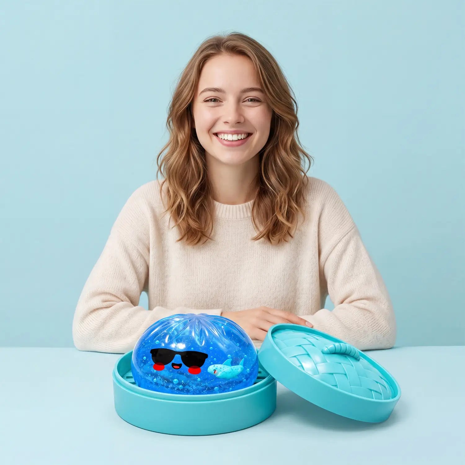 a translucent blue jelly-like squishy dumpling stress ball with a smiling face wearing black sunglasses and red cheeks inside a matching turquoise circular container as finished goods