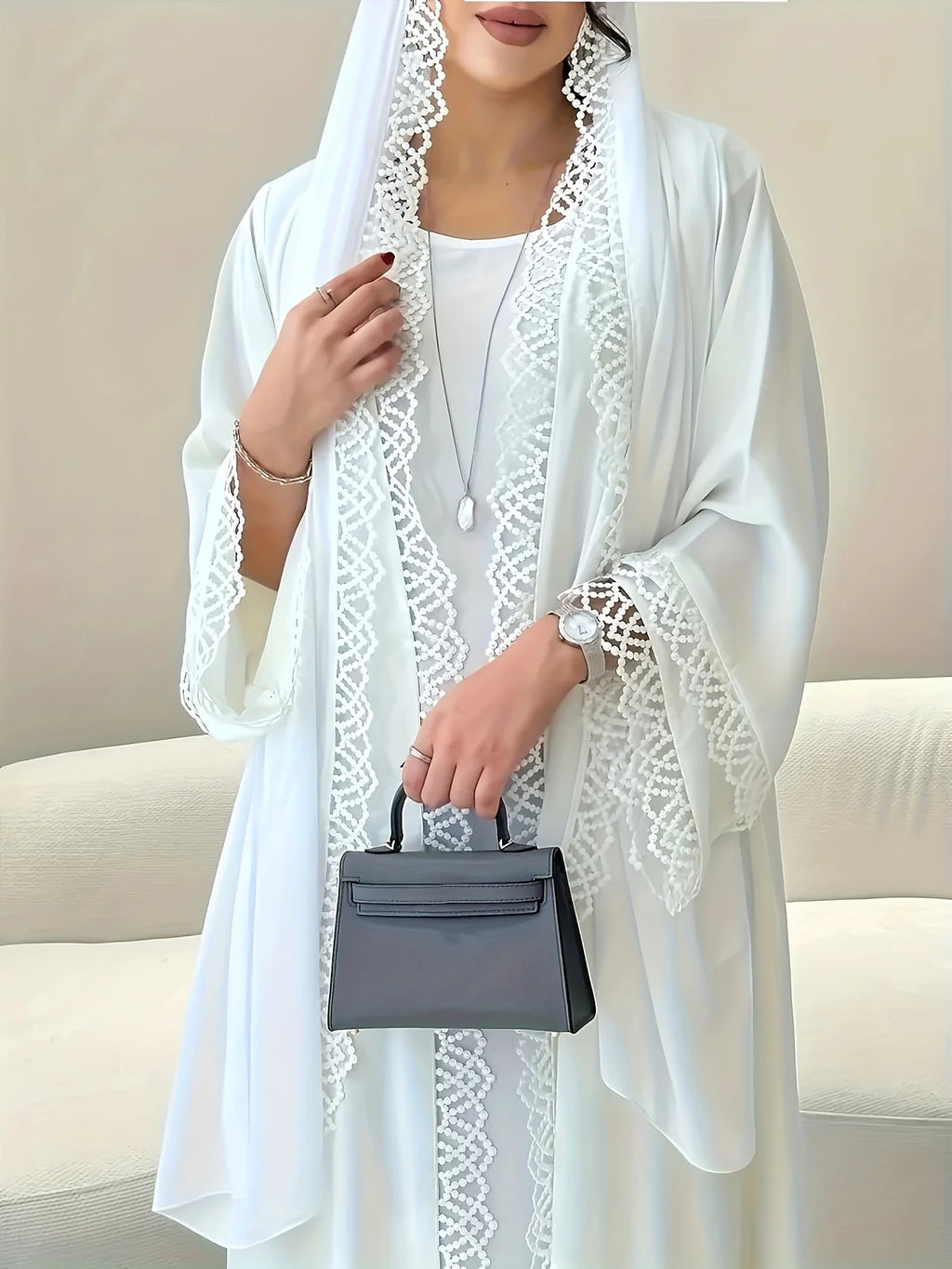 Middle Eastern Ethnic Style Elegant Open-Front Solid Color Robe, New Muslim Loose-Fitting Comfortable Breathable Beach Vacation White Cover-Up, Dubai Saudi Traditional Long-Sleeve Clothing, Exquisite Lace Cardigan, Festival P