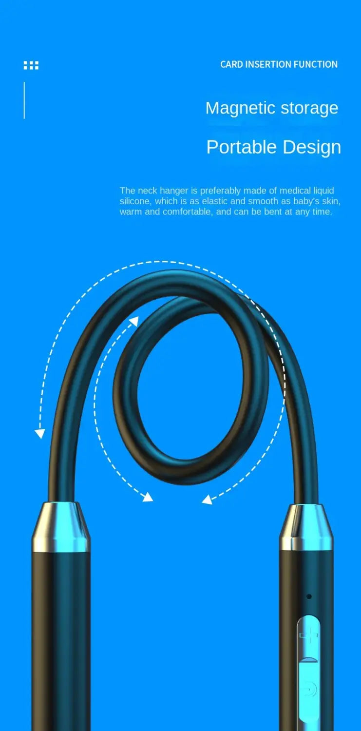 Écouteurs sport sans fil Bluetooth à tour de cou en noir avec un support de nuque magnétique flexible et élégant, doté d’extrémités métalliques ton argent.