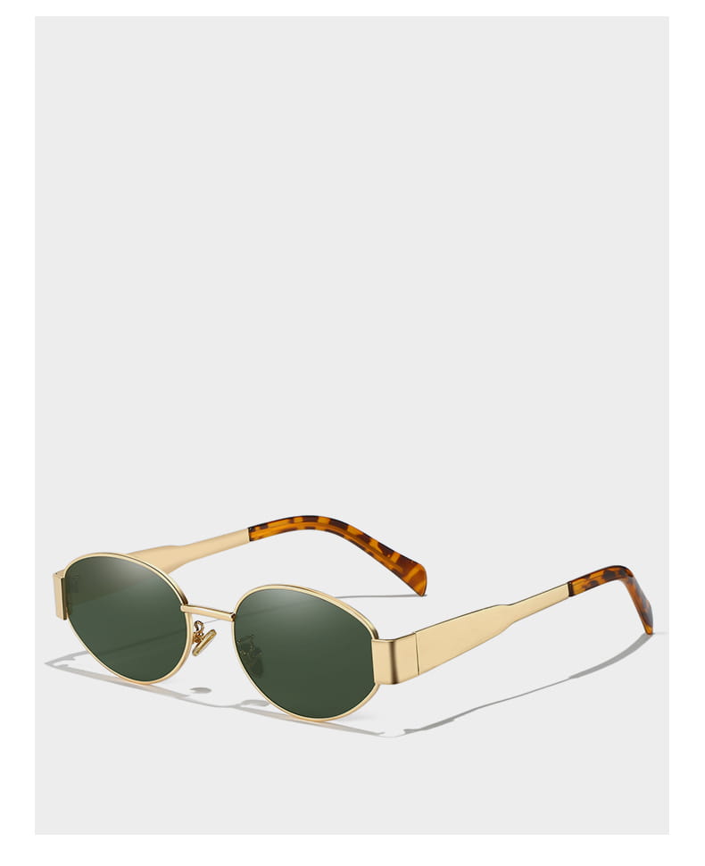 Gafas de sol ovaladas para mujer y hombre con montura dorada, lentes espejadas verdes y puntas de patillas con patrón tipo carey.