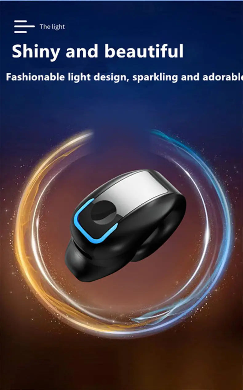 Pinza para auriculares inalámbrica en negro y plata, con diseño moderno y elegante y luces de acento azul, que incorpora tecnología de reducción de ruido de alta calidad.
