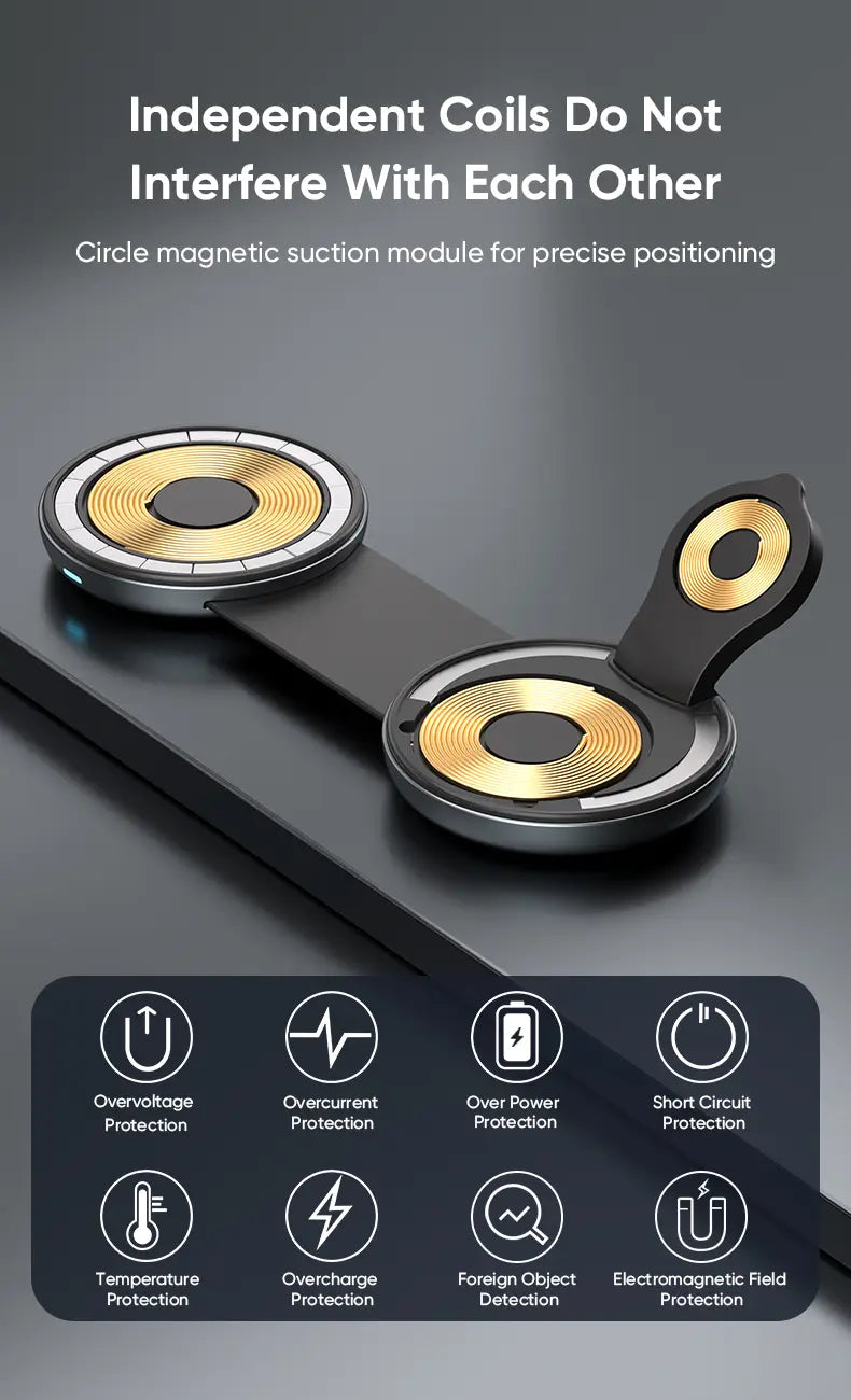 black and gold circular magnetic suction modules with concentric ring designs on the foldable 3-in-1 magnetic wireless charger showcasing a sleek modern aesthetic.