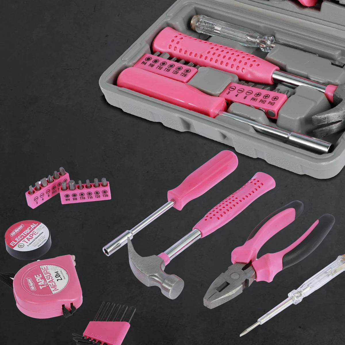 13/24Pcs Household Repair Tool Kit Multi-Purpose Pink Home Hand Tool Set with Storage Case Durable Hammer and Allen Key Set