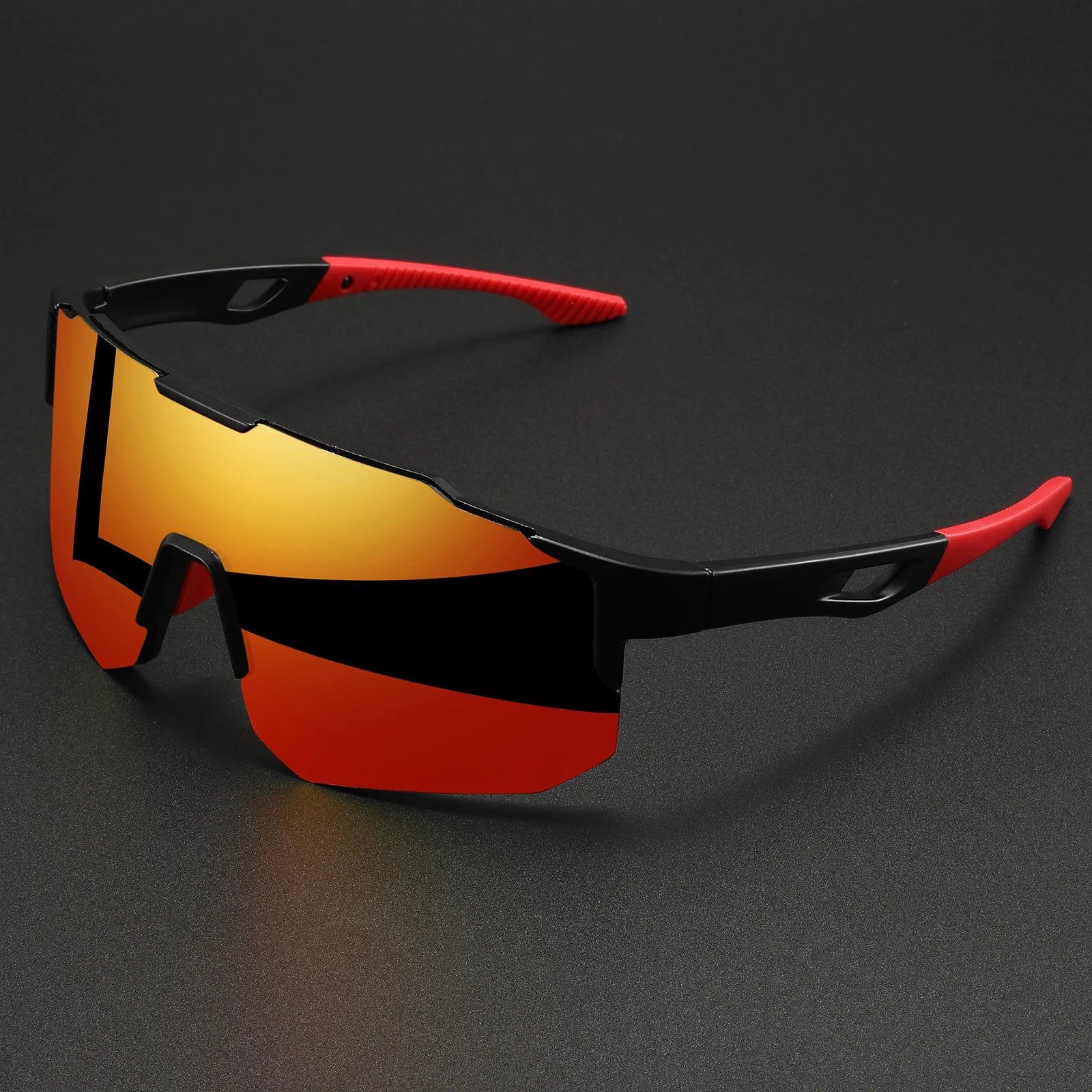Black and red oversized wraparound sports sunglasses with a gradient orange-to-red mirrored lens and unisex comfort fit designed for UV400 protection.