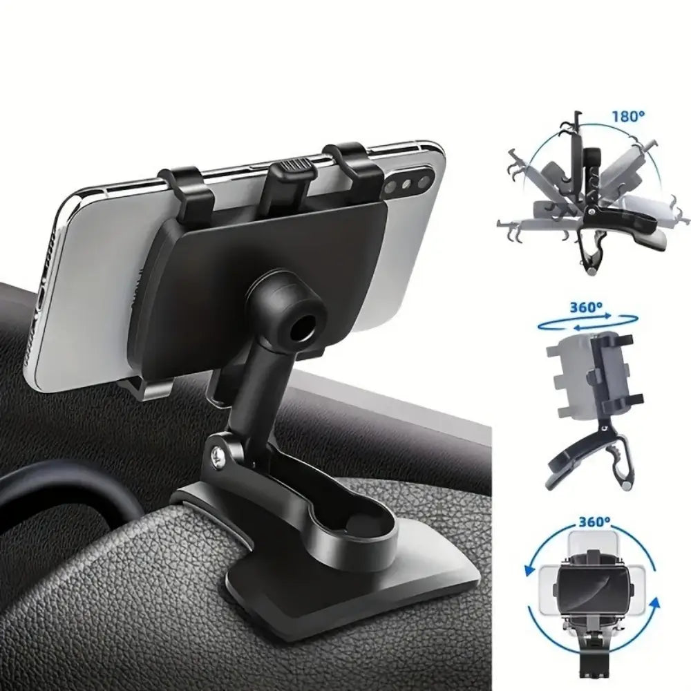 Schwarze verstellbare Halterung für ein Smartphone im Auto für das Armaturenbrett mit 180°- und 360°-Drehfunktion für vielseitige Positionierung.