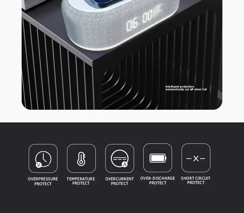 Reloj despertador de alarma inalámbrico con textura gris, con pantalla digital que muestra 06 00 e incorpora la función de carga inalámbrica y el modo de ahorro de energía.