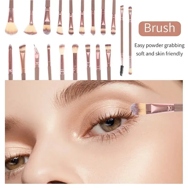Set of rose gold makeup brushes with soft skin friendly bristles for easy makeup brush and eye makeup application in a 46 piece pink makeup brush and sponge set.