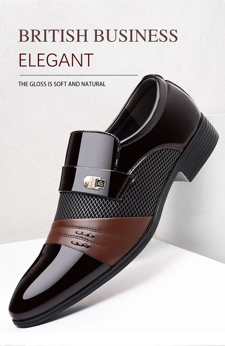 Zapatos de vestir de punta afilada de lujo para hombre en cuero negro y marrón con acabado brillante, paneles de malla en el lateral y un detalle de hebilla metálica.