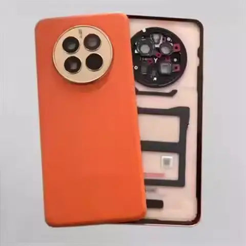 Boîtier arrière en verre pour batterie du Huawei Mate 50 Pro, couleur orange, montrant le dos avec le logement du module d’objectif circulaire.
