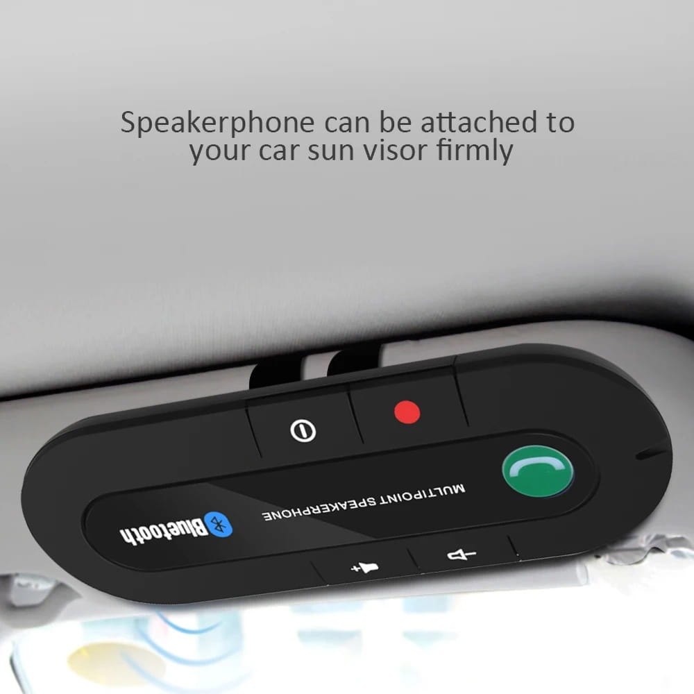 black bluetooth car speakerphone wireless visor kit with a sleek oval design, tactile buttons for power, call, volume control, and an illuminated red indicator light.