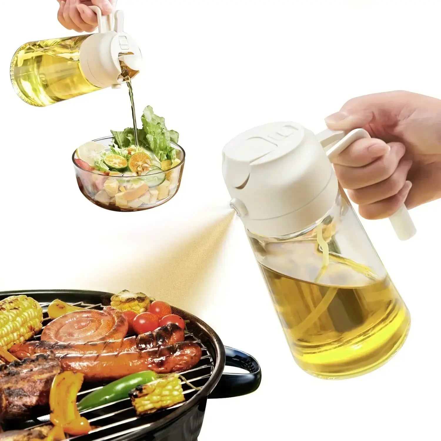 vaporisateur d’huile en verre transparent avec bec et poignée en plastique blanc, rempli d’une huile de cuisine jaune doré pour la cuisson dans une bouteille doseuse d’huile de cuisine 2-en-1 de 500 ml.