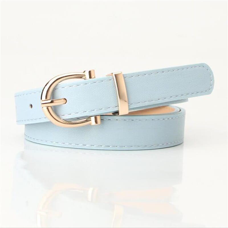 Cinturón de piel sintética (PU) para mujer color azul claro con hebilla tipo D de tono dorado para cintura.
