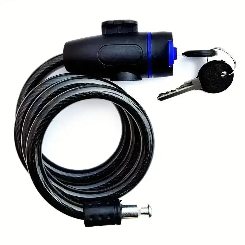 Black heavy duty coiled motorcycle chain lock with a blue-accented keyless locking mechanism and two black keys for anti theft bike security.