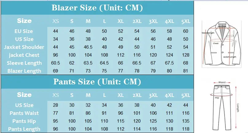Beige linen men suit beach wedding tuxedo blazer and pants size chart with blazer measurements in centimeters including shoulder width chest circumference sleeve length and jacket length diagram.
