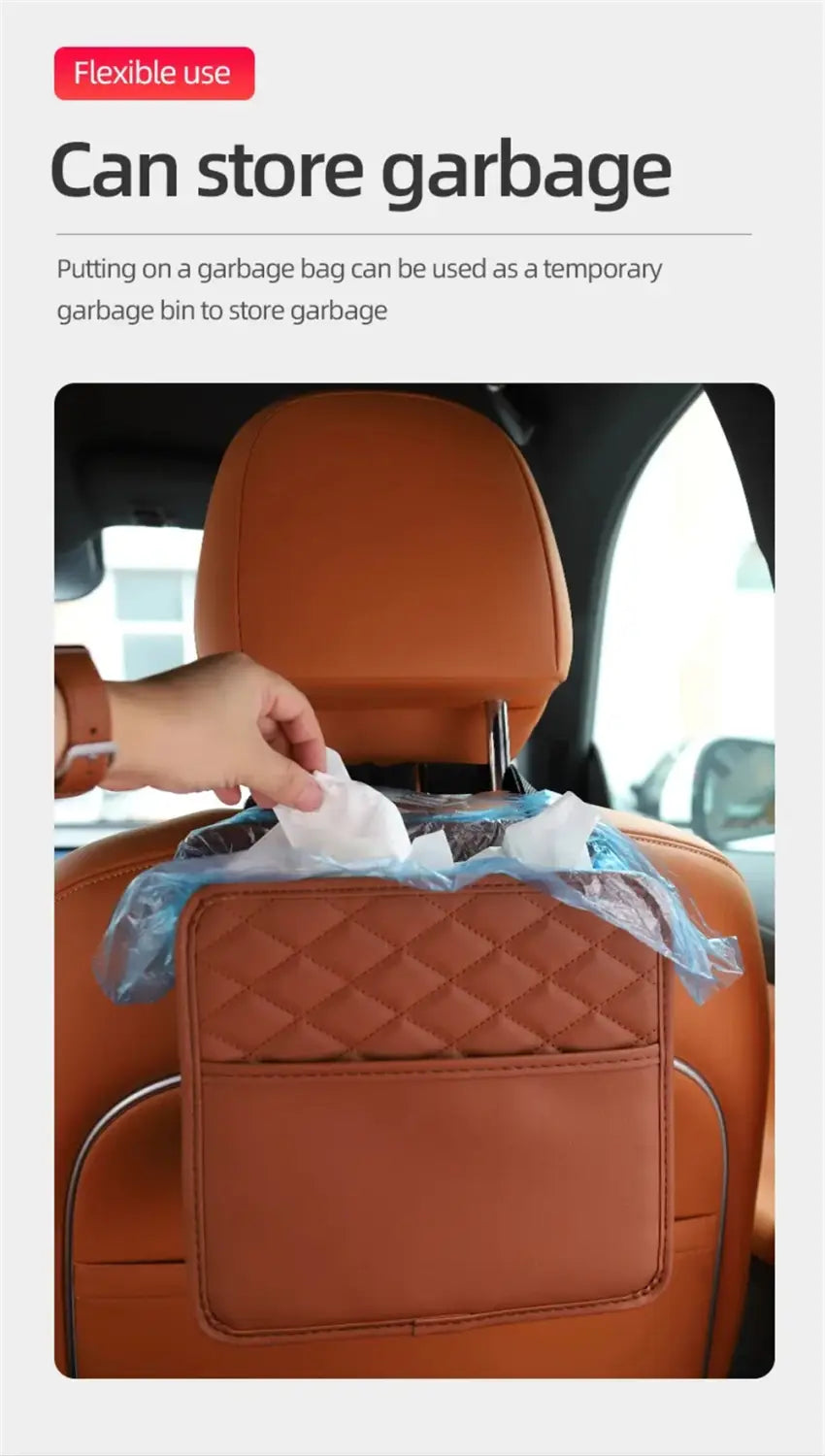 brown quilted leather car seat organizer storage bag holder shown from the back side designed for garbage and accessory storage