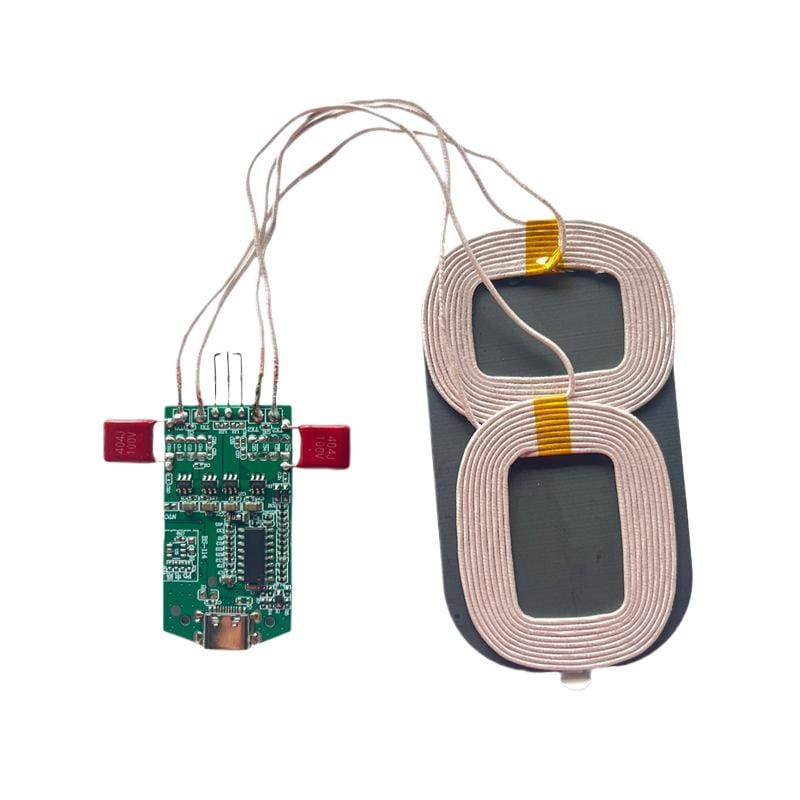 Wireless charging pad pcba module showing green circuit board and beige coiled coils for 15w dual coil wireless charger.