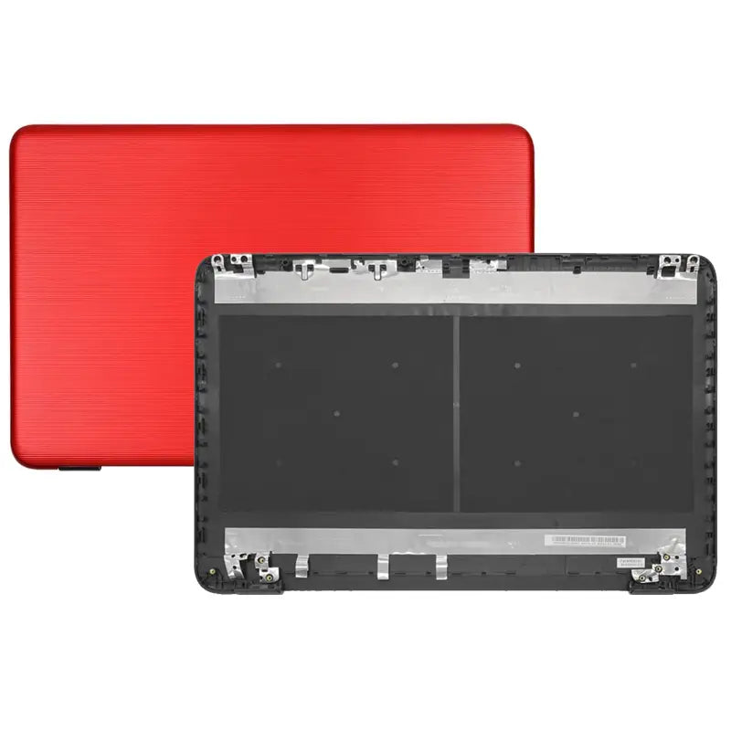 Austausch der Scharniere der LCD-Rückabdeckung für „Hp 17-x“: Darstellung eines roten, strukturierten Laptop-Deckels mit schwarzem Rahmen und silbernen Akzenten auf der Rückseite.