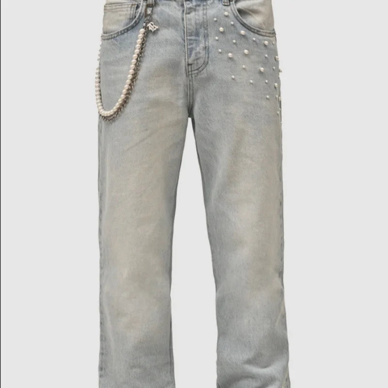 2025 New men's denim European and American street fashion Instagram hot item elastic stacked denim straight leg pants